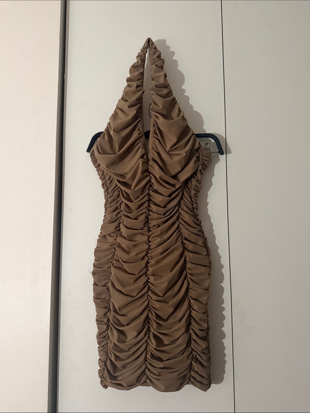 Ruched Halter Bodycon Dress in Tan